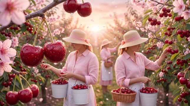 Cherry Picking Women Harvesting Fresh Red Fruit in Blossoming Orchard at Sunset