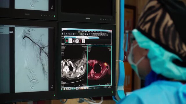 Modern methods of analysis and human research with multiple monitors. Medical Screens with indicators.
