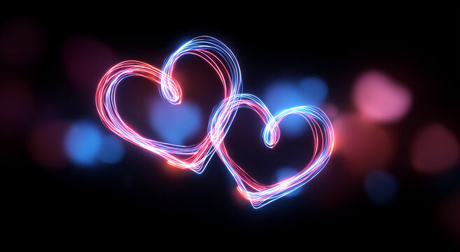 abstract glowing neon hearts background for valentine's day celebration, with pink and blue lights forming heart shapes on a black backdrop. vector illustration of two transparent, shiny hearts in a l