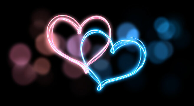 abstract glowing neon hearts background for valentine's day celebration, with pink and blue lights forming heart shapes on a black backdrop. vector illustration of two transparent, shiny hearts in a l