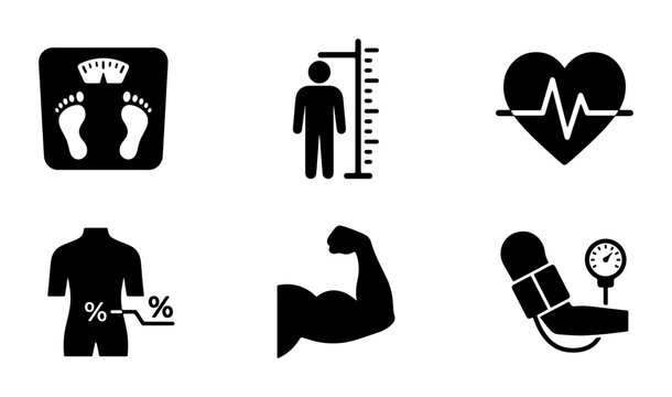 Health and Fitness Icons: Body Composition, Height Measurement, Heart Rate, Muscle Strength, Blood Pressure, and Weight Scale Vector Graphics for Medical and Wellness Concepts