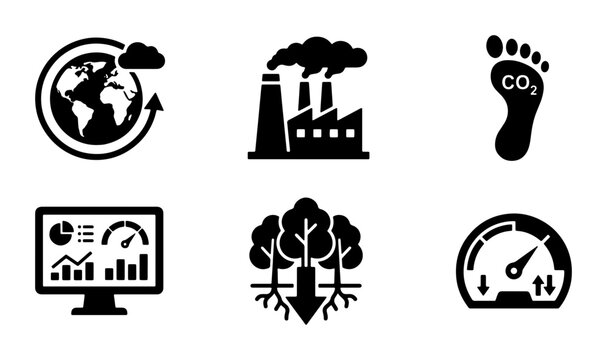 Environmental Icons Set: Global Warming, Factory Pollution, Carbon Footprint, Data Analysis, Deforestation, Gauge Meter