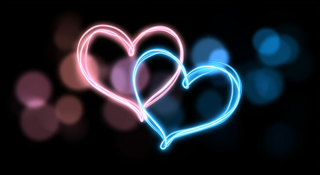 abstract glowing neon hearts background for valentine's day celebration, with pink and blue lights forming heart shapes on a black backdrop. vector illustration of two transparent, shiny hearts in a l