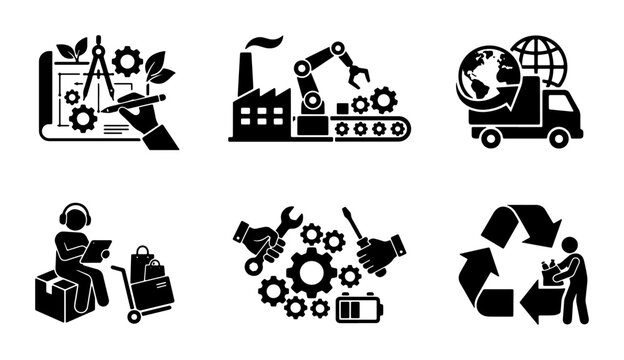 Industrial Icons Set: Engineering, Manufacturing, Logistics, Delivery, Tools, Recycling Vector Graphics for Industry and Business Concepts