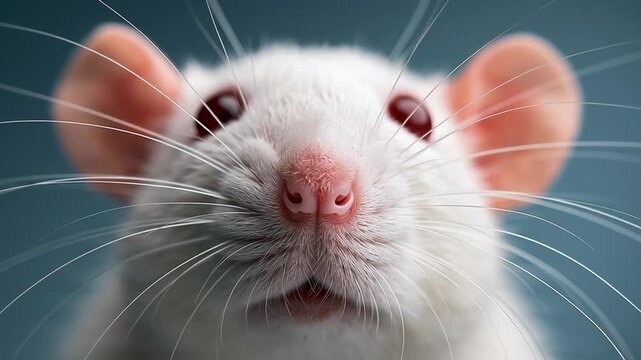 Close up portrait of curious white laboratory rat with pink ears and whiskers