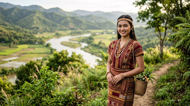 Young highland woman in traditional woven attire overlooking a river valley.