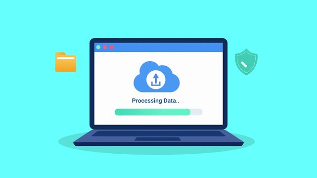 Animated flat illustration of a laptop displaying cloud data processing interface with storage and security elements, representing digital workflow and smart technology systems.