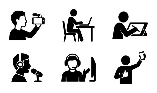 Content Creator Icons Set: Vlogger, Gamer, Artist, Podcaster, Streamer, Selfie Taker, Digital Art, Social Media, Online Business, Vector Graphics