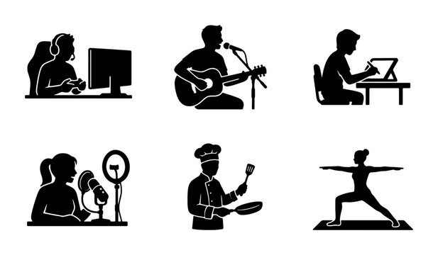 Diverse Hobbyist Silhouettes: Gamer, Musician, Artist, Podcaster, Chef, Yogi, Vector Icons for Lifestyle and Creative Pursuits