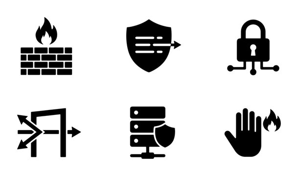 Cybersecurity Icons: Firewall, Shield, Lock, Network Security, Server Protection, Access Control, Data Breach Prevention, Digital Safety