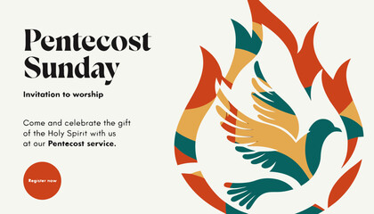  Pentecost sunday banner with dove in flame. Invitation the christian service of pentecost with Holy Spirit and text. Vector illustration  © Md Shahid 