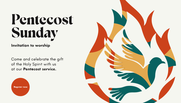 
Pentecost sunday banner with dove in flame. Invitation the christian service of pentecost with Holy Spirit and text. Vector illustration 