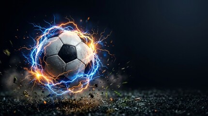 Naklejka premium Soccer ball surrounded by magical electrical energy sparks.