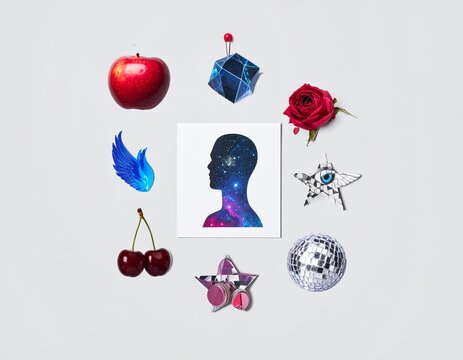 Minimal surreal collage with floating retro objects and modern dreamcore style