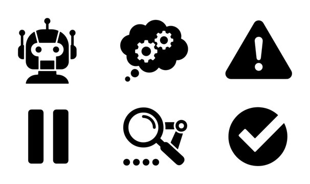 Robot Head, Thought Bubble with Gears, Warning Sign, Pause Button, Magnifying Glass Search, Checkmark Icons. Modern Vector Set for Technology and Business Concepts.