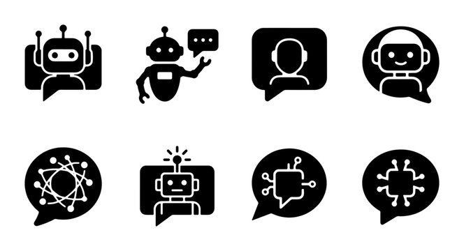 AI Chatbot Icons, Artificial Intelligence Bots, Robot Communication Symbols, Digital Assistant Speech Bubbles, Machine Learning Interface Graphics
