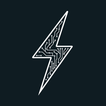 Geometric lightning on black with white circuitry &ndash; Perfect for overclocking technology, gaming hardware, or energy-efficient computing.