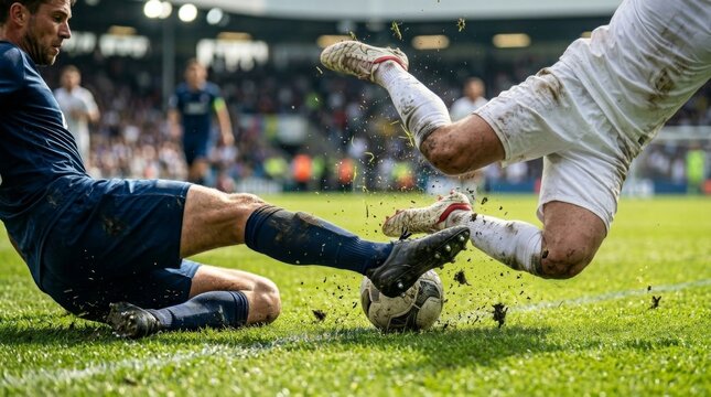 Professional Soccer Players In A Competitive Slide Tackle On The Grass Field.