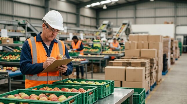 Male worker inspecting fresh apples in a fruit packaging warehouse factory