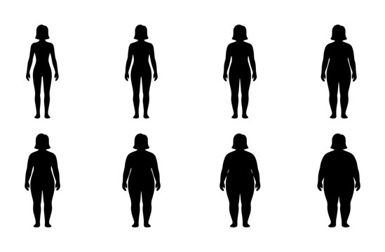 Body Shape Silhouettes, Female Figures Representing Weight Loss and Body Types, Health and Fitness Icons