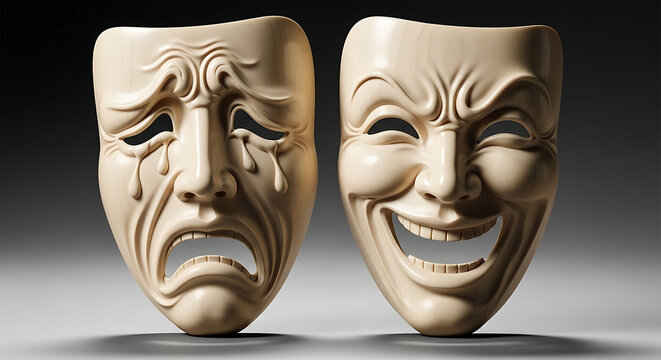 Drama Masks Symbolizing Comedy and Tragedy Carved in Light Wood on Dark Background