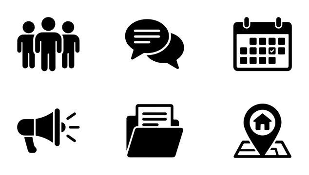Modern Business Icon Set: Teamwork, Communication, Scheduling, Marketing, Documents, Location Pin Graphics