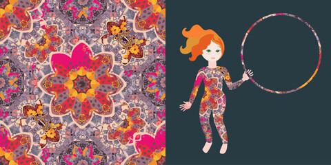 Beautiful gymnast girl with hoop and colorful ornamental print for training suit. © Happy Dragon