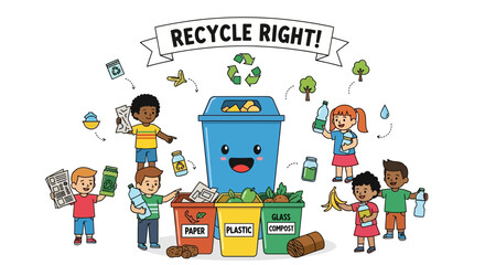 Fototapeta premium Children Learning Recycling with Colorful Bins and Happy Characters