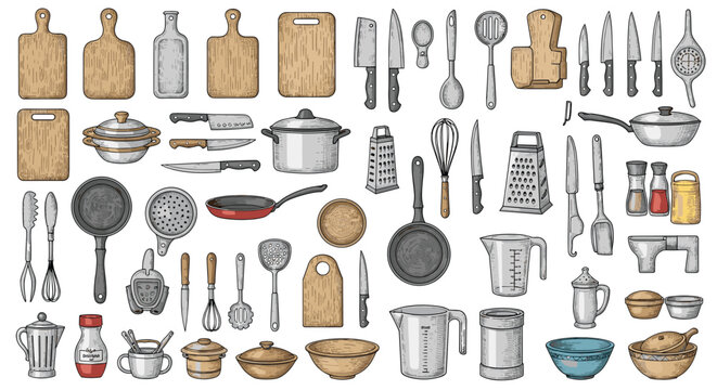 Large collection of realistic kitchen tools cutting boards and cookware for restaurant professional kitchen and culinary equipment catalogs.