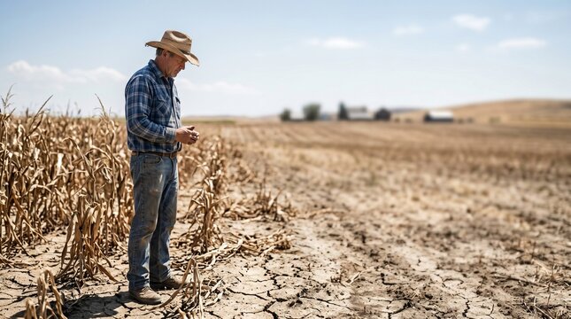Mature farmer checking dried corn crops in a drought stricken field