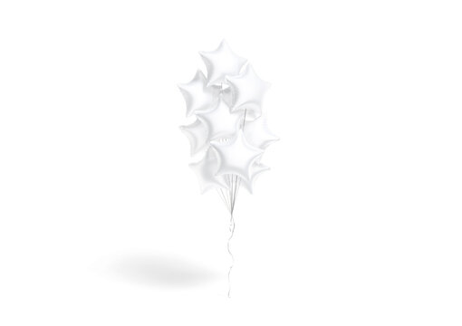 Blank white star balloon bouquet mockup png, transparent background, 3d rendering. Empty mylar pilalr with foil stars mock up cut out. Clear levitation inflatable balloons bunch or garland template.