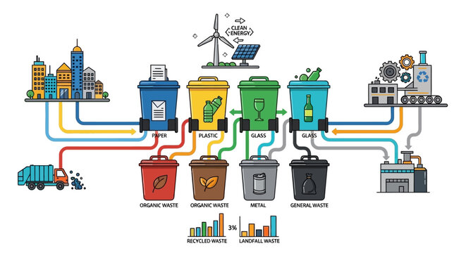 Recycling and Waste Management Process Illustrated with Icons