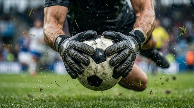 Soccer goalkeeper making a diving save on the field.