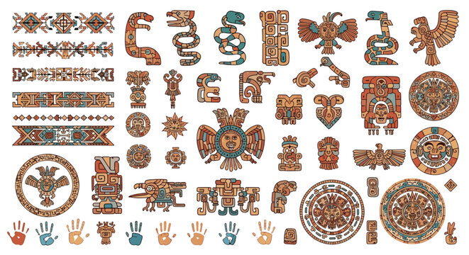 Extensive collection of ancient mayan and aztec style art symbols deities and patterns for historical and indigenous culture projects.
