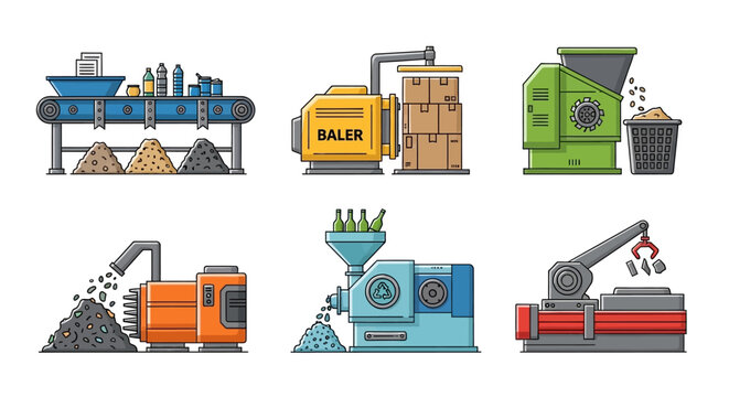 Industrial machinery icons set featuring conveyor and baler equipment