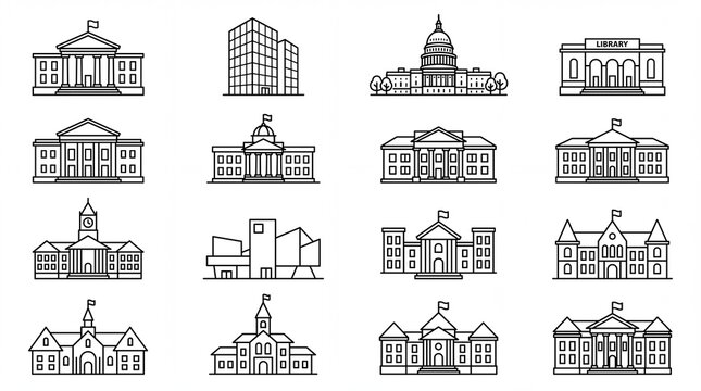 Collection of outline government and educational buildings depicted in this clean minimalist vector illustration on white background