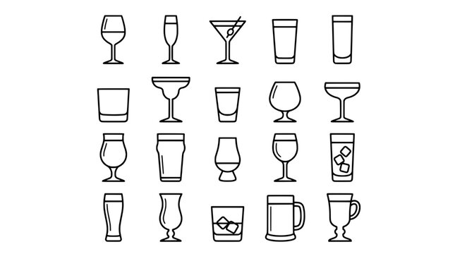 Glasses icon set with various drinking vessels and cocktail glasses featuring icons, mug, cup with vessel and drinkware elements for barware,