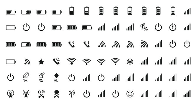 Set of black mobile status bar icons showing battery level signal strength wifi connectivity and power options for smartphone interface.