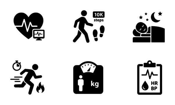 Health and Fitness Icons: Heart Rate Monitor, Step Tracker, Sleep, Running, Weight Scale, Blood Pressure, Vector Set