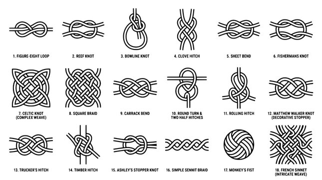 Knot line icons set with intricate rope loops, figure-eight, reef, bowline, clove hitch and more for crafts and navigation