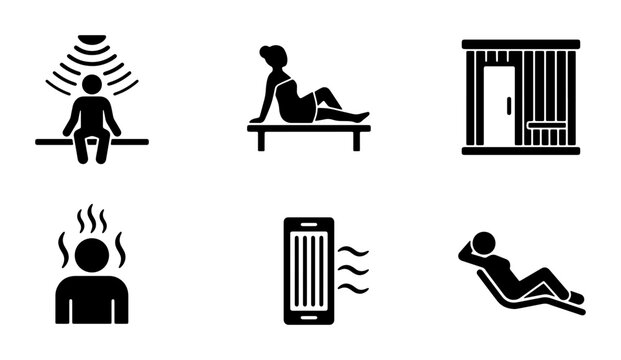 Sauna Icons Set, Wellness and Relaxation Pictograms, Spa and Heat Therapy Vector Graphics, Health and Leisure Symbols