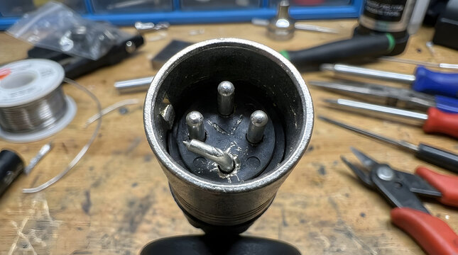 XLR connector repair with tools on workbench