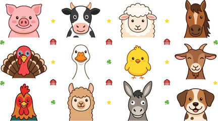 Obraz premium Cute Farm Animal Face Collection with Pig, Cow, Sheep, Horse, Chicken, and Other Cartoon Livestock Vector Illustrations