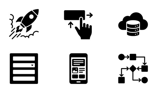 Modern Technology Icons Set: Rocket Launch, User Interface Swipe, Cloud Database, Form Input, Mobile App Screen, Workflow Diagram, Vector Graphics
