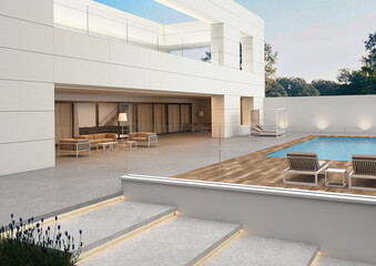 Luxury modern villa exterior with swimming pool at dusk 3D render © Enrique