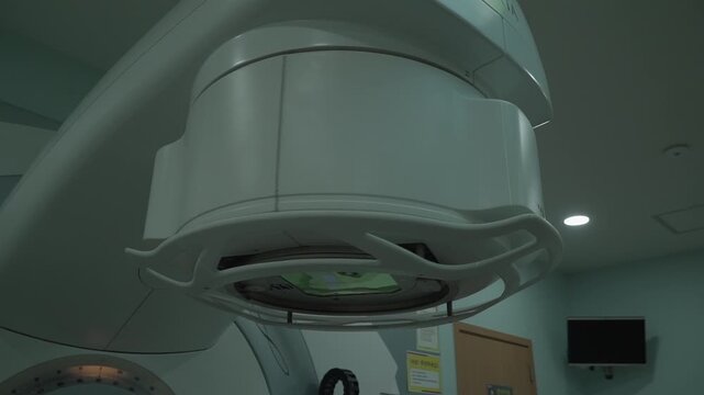 Close-up of a medical linear accelerator in therapeutic oncology. C