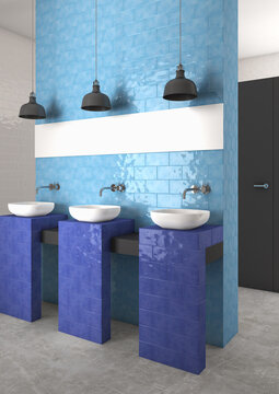 Bold blue glazed brick tile bathroom with triple vessel sinks 3D render