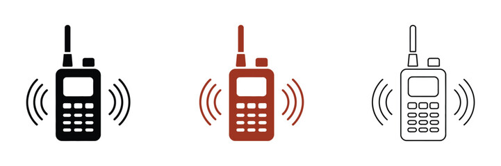 Walkie talkie radio icons set for wireless communication devices, handheld radio signal waves, emergency transmission system, and portable communication technology vector © welcome saiful