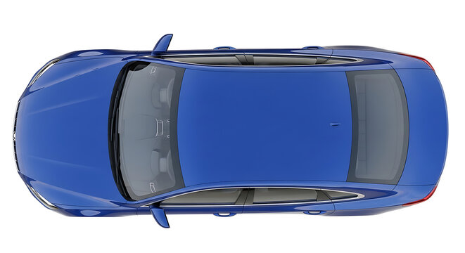 Top down bird's eye view of a modern blue sedan car isolated on white background