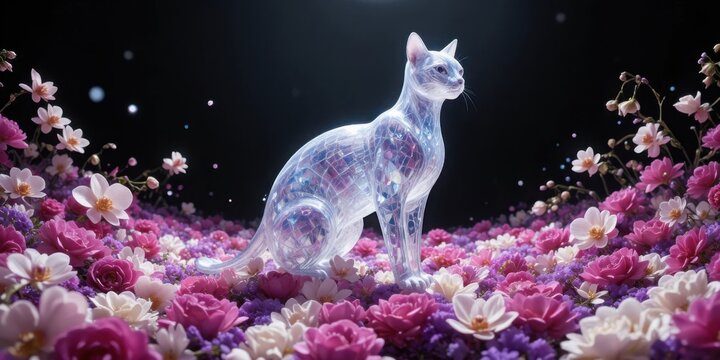 A Glowing Translucent Crystal Cat Sitting Peacefully in a Field of Vibrant Pink Flowers